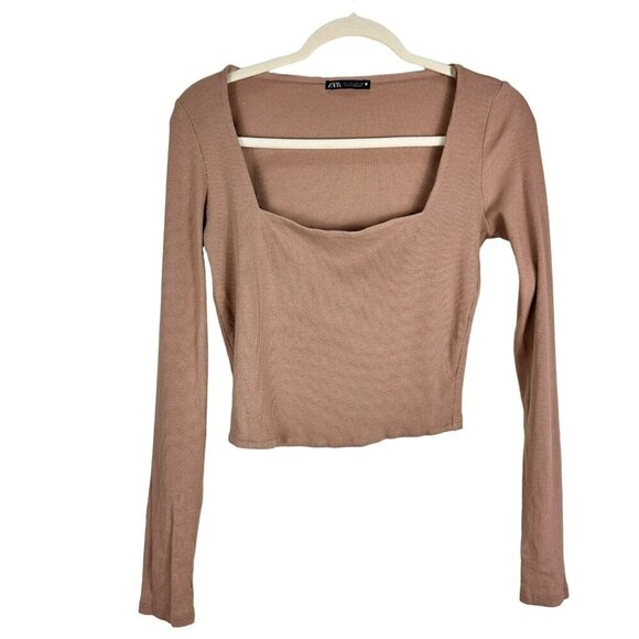 2/$30 Zara Tan Caramel Square Neckline Ribbed Crop Top Long Sleeves Size Large - Picture 3 of 14